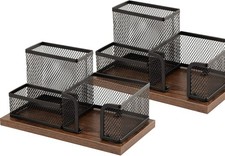 Black Mesh Pen Holder Desk Organiser with Antique Wood Base - 3 Compartment