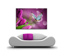 LARGE CANVAS WALL ART BLUE BUTTERFLY PURPLE TULIPS FLOWERS PICTURE NEW PRINT