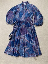 Vintage 70s Dress Womens Size 10 UK Blue Satin Paisley Puff Sleeve 1970s England