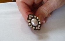 Faux Pearl and Diamante  Bronze-tone Ring  Dramatic Baroque Effect 