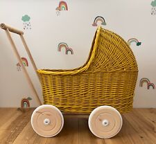 MUSTARD WICKER DOLL’S PRAM. HANDMADE. BEDDING INCLUDED. Rubber Wheels
