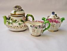 Exquisite antique miniature porcelain tea set Rockingham encrusted flowers