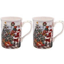 Santa Mugs Set of 2 Festive Christmas Design Tea Coffee Slim Cups Gift  Boxed