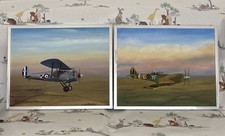 2 Vintage Allan Summers ETE Oil Painting RAF Spitfire Bristol Bulldog Plane