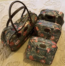 Cotton Traders Canvas Travel Bag Set of 4/ Weekender +3 Green Floral Zip Closure