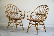 Pair Retro Cane Bamboo Bedroom Side Occasional Chairs 