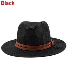 Foldable Men Women Wide Brim Panama Hats Straw Leather Band Fedora Sun Hat