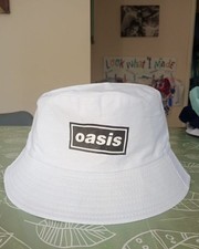 white Oasis band bucket hat