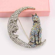 Rhinestone Moon Cat Brooch