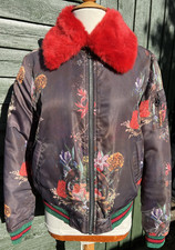 REPLAY women's jacket Xmas green/red trim Detachable faux fur red collar