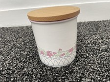 ARTHUR WOOD CERAMIC PINK FLORAL STORAGE JAR POT WITH WOOD LID - 11 CM H - VGC