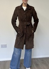 Tu-Chuzy Real Suede Leather Coat Brown Belted Trench 70s Style UK 8