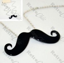 KITSCH mustache CURLY MOUSTACHE pendant NECKLACE silver/black QUIRKY retro tash