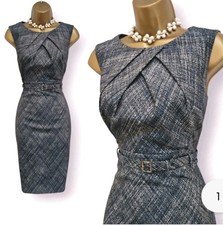 Karen Millen Navy Blue Tweed Belted Wiggle Pencil Occasion Dress UK 10