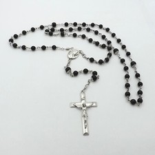 Creed Sterling Silver Black Bead Crucifix Rosary Madonna Mary Necklace 30in