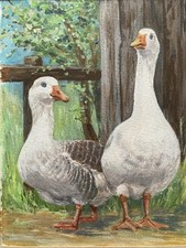 Vintage Original Painting of Two Geese White Grey Birds Mounted & Framed Art