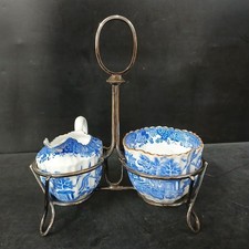 Spode Delft Sugar Bowl And Milk Jug Set In Holder Decorative Kitchenware -CP