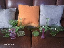 Collection Of Antique Green Glass + 2 Cranberry Glass