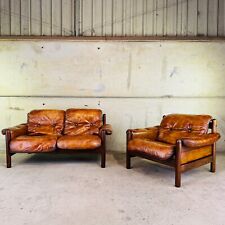 Vintage 1970s Swedish Arne Norell Two-Seater Sofa & Chair Tan Leather Set #A457
