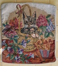 vtg Needlepoint Tapestry Cat Basket Cushion Cover Velvet grannycore cottagecore