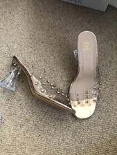 Women gold/clear studded slip on heel mules UK6