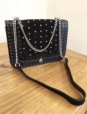 Zara Black Leather Quilted Cross Body Bag With Studs And Chain Strap H05A