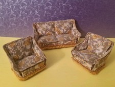 Vintage Lundby Mustard Patterned Dolls House Suite -Sofa And Armchairs 1970s