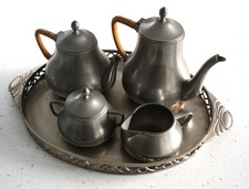 Jeka Tiel Dutch Pewter Tea/Coffee Set on Galleried Tray
