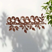 RUSTY METAL SPARROWS FAMILY ON BRANCH SILHOUETTE WALL ART GARDEN HANGING DECOR