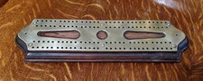 Antique Brass Georgian Cribbage Score Board on Mahogany Stand 13 X 3.5 Inches