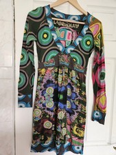 Desigual Boho Hippie Multicolor Patchwork Tiger V-Neck Dress Size M Embroidered
