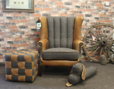 HARRIS TWEED & BROWN CERATO ANILINE LEATHER WING FLUTED CHAIR IN UIST NIGHT