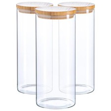 3x Scandi Glass Storage Jars with Wooden Lids Kitchen Food Canister 1.5 Litre