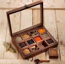 Wooden Spice Box with 12 Container Lid for Kitchen - Spice Organizer Natural
