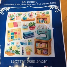 Sewing flowers  printed stamped 14 count cross stitch kit 40 x 40 new