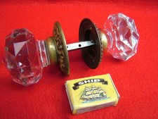 PAIR ORIGINAL C19TH VICTORIAN FACET - CUT CRYSTAL GLASS BRASS MOUNTED DOOR KNOBS