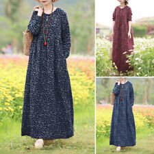 Women Floral Printed Long Sleeve Maxi Dress Casual Loose Shirt Dresses Kaftan