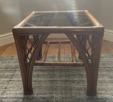 Vintage 2 Tier Glass Side Table - Bamboo Rattan Wicker Cane - Boho? Tiki? Retro