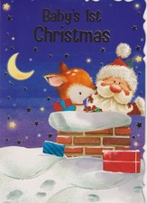 BABY'S 1ST FIRST CHRISTMAS GREETING CARD 7"X5" CUTE SANTA AND DEER