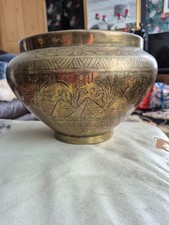 Vintage Egyptian Brass Bowl , Pyramid, Camel,snake Sun, Design