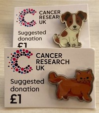 CANCER RELIEF BADGES - x2   Animals (DOG & CAT) charity pin badges