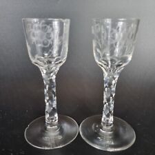 Antique Pair 18th Century Jacobite Style Wine Glasses Floral Engraved Bowls