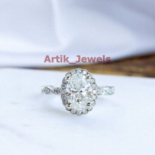 Oval Moissanite with 14K White Gold Plated Silver Art Deco Ring for Women's #264