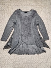 Klass Grey Layered Boho Lace Embroidered Tunic Top. Size Large. Lagenlook