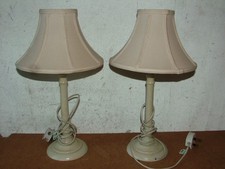 2X Pair Of White Wood Shabby Chic Bedside Table Lamps With Shades