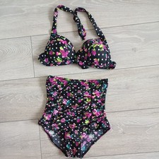 Retro Vintage Bikini Set Black Floral High Waist Push Up, Size Small UK 6, 50's