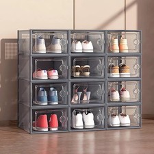 12 x Stackable Foldable Boxes Trainers Organiser Clear Plastic Shoe Storage Box