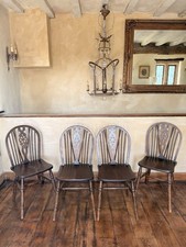 Matching Set of 4 Vintage  Oak Rustic Farmhouse Cart Wheel Back Dining Chairs