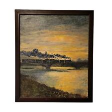 vintage oil painting signed jean began steam train bridge sunset 24x20 framed
