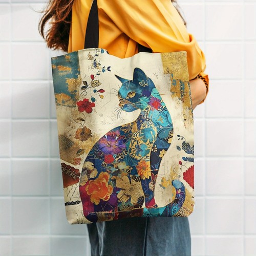 Cat floral tote - cat, bag